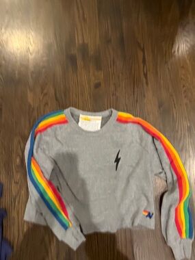 Like new Aviator Nation Women’s Gray Sweatshirt with Rainbow Sleeve Stripes